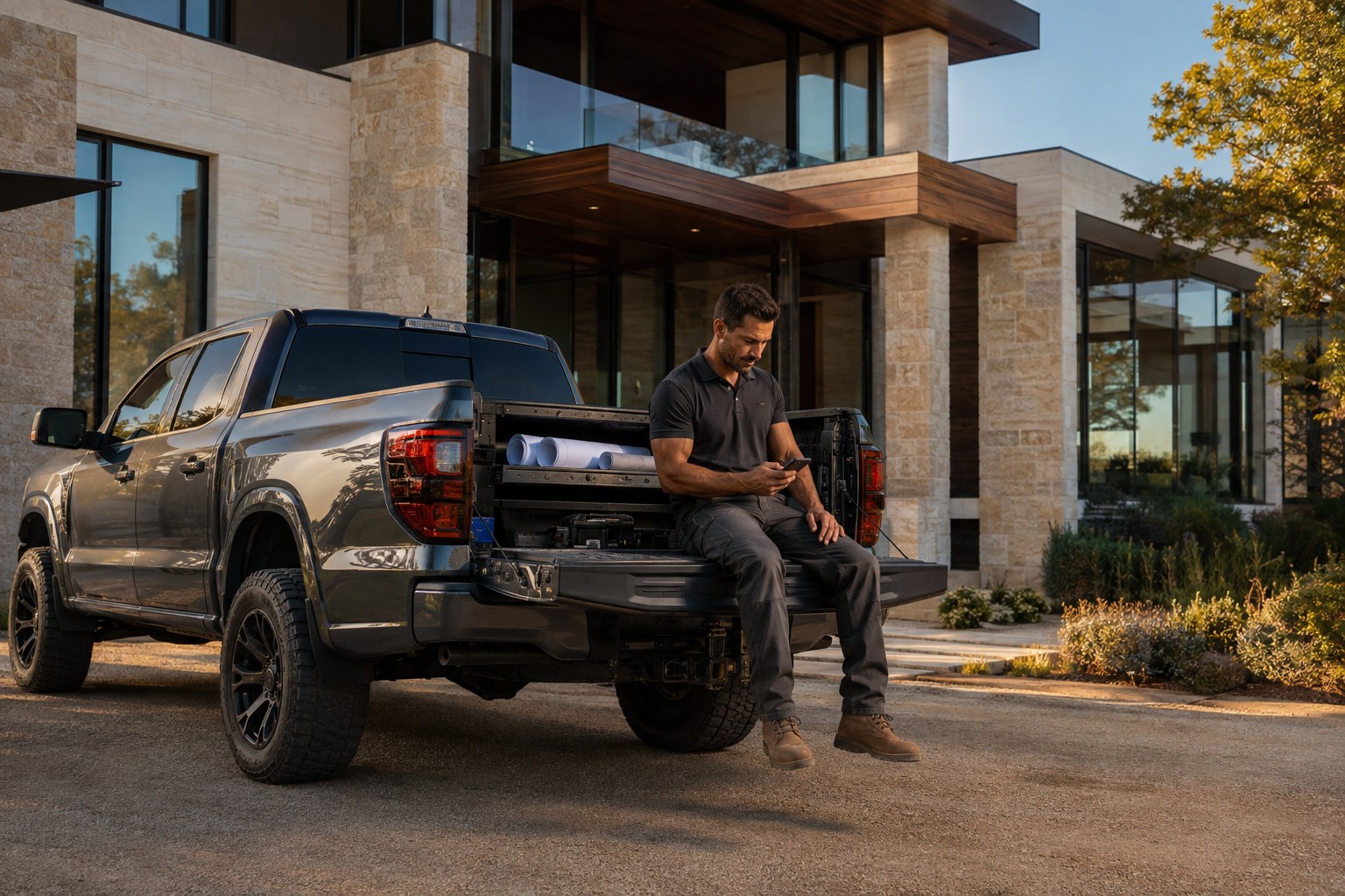 A construction professional checking messages on the tailgate of his work truck