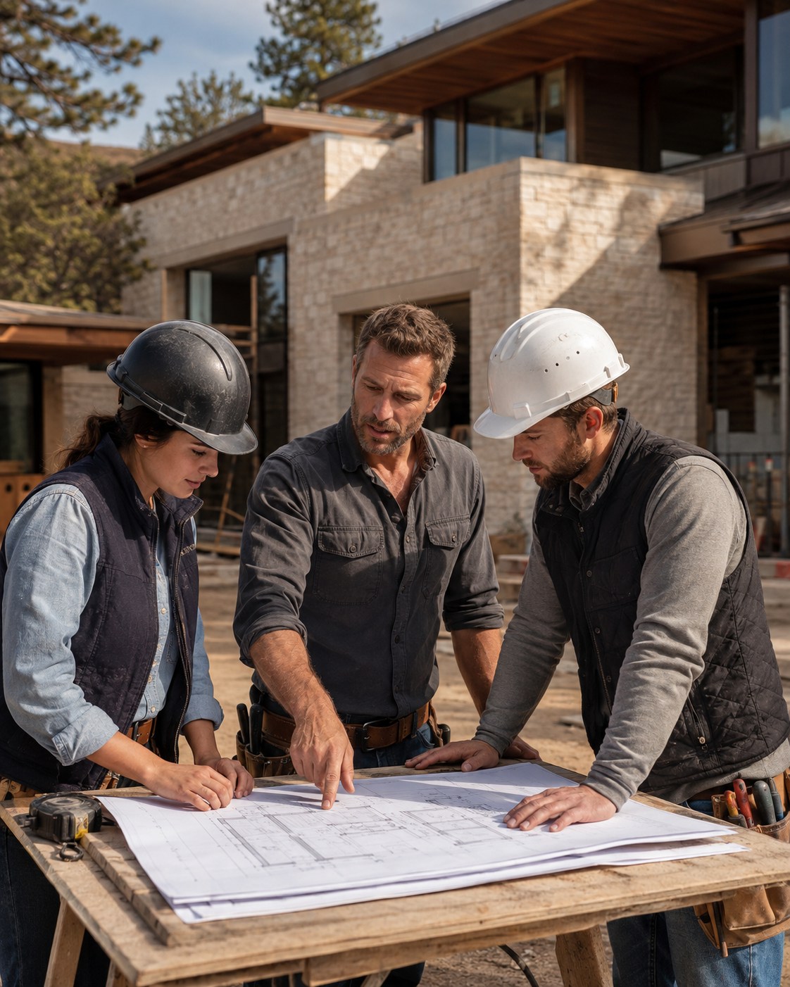 A construction business owner reviewing plans with two employees at a job site