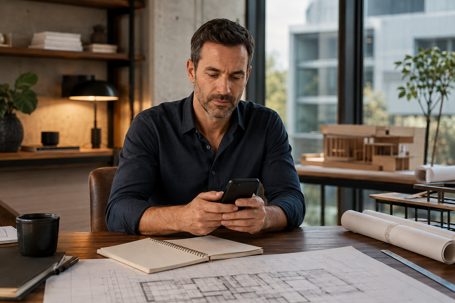A business owner reviewing a phone message at his studio desk before returning a call