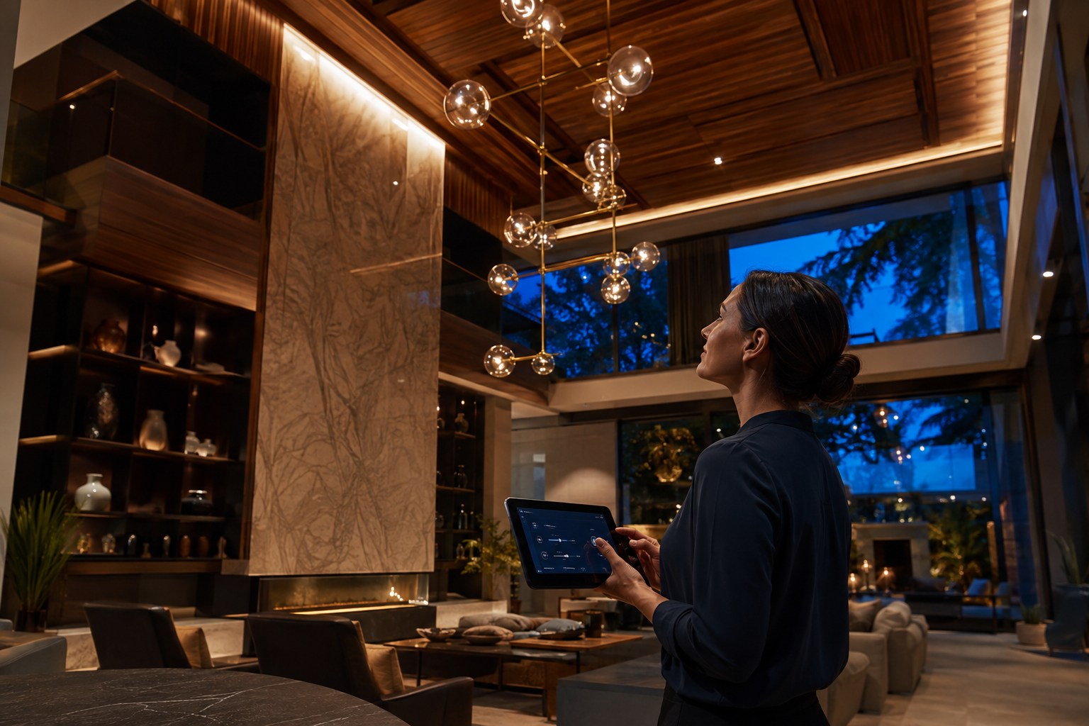A specialist adjusting architectural lighting in a luxury residence