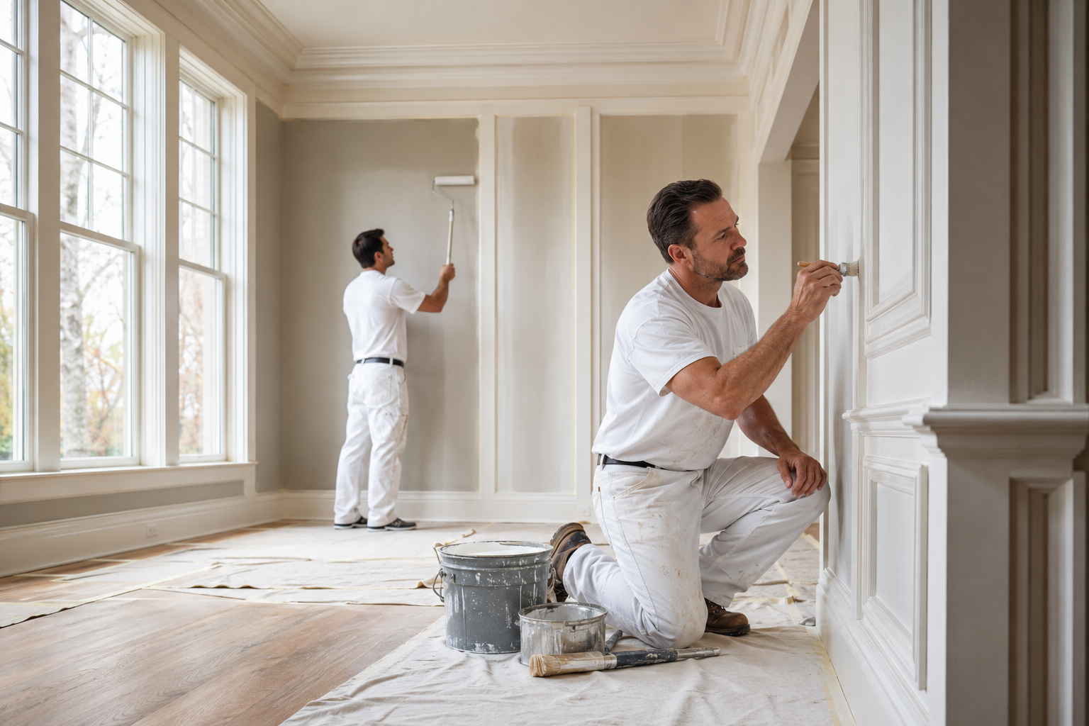 Professional painters carefully finishing architectural trim and walls in an elegant home
