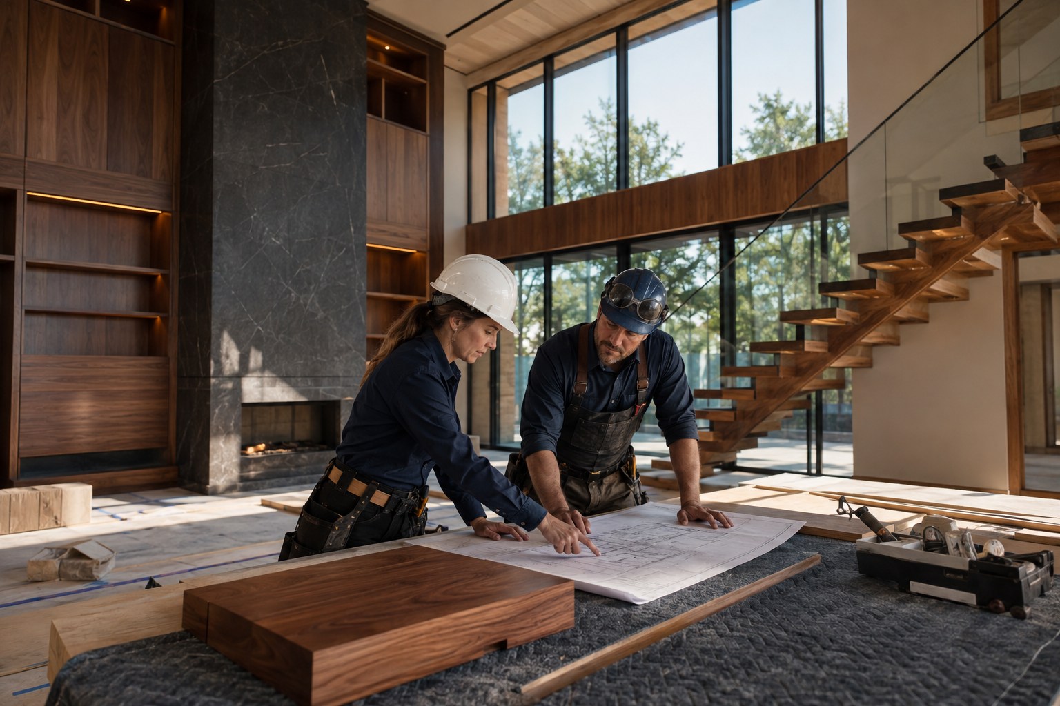 Construction professionals reviewing plans in a luxury home