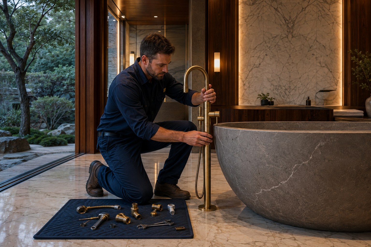 A plumber installing a brass bathtub fixture in a luxury bathroom