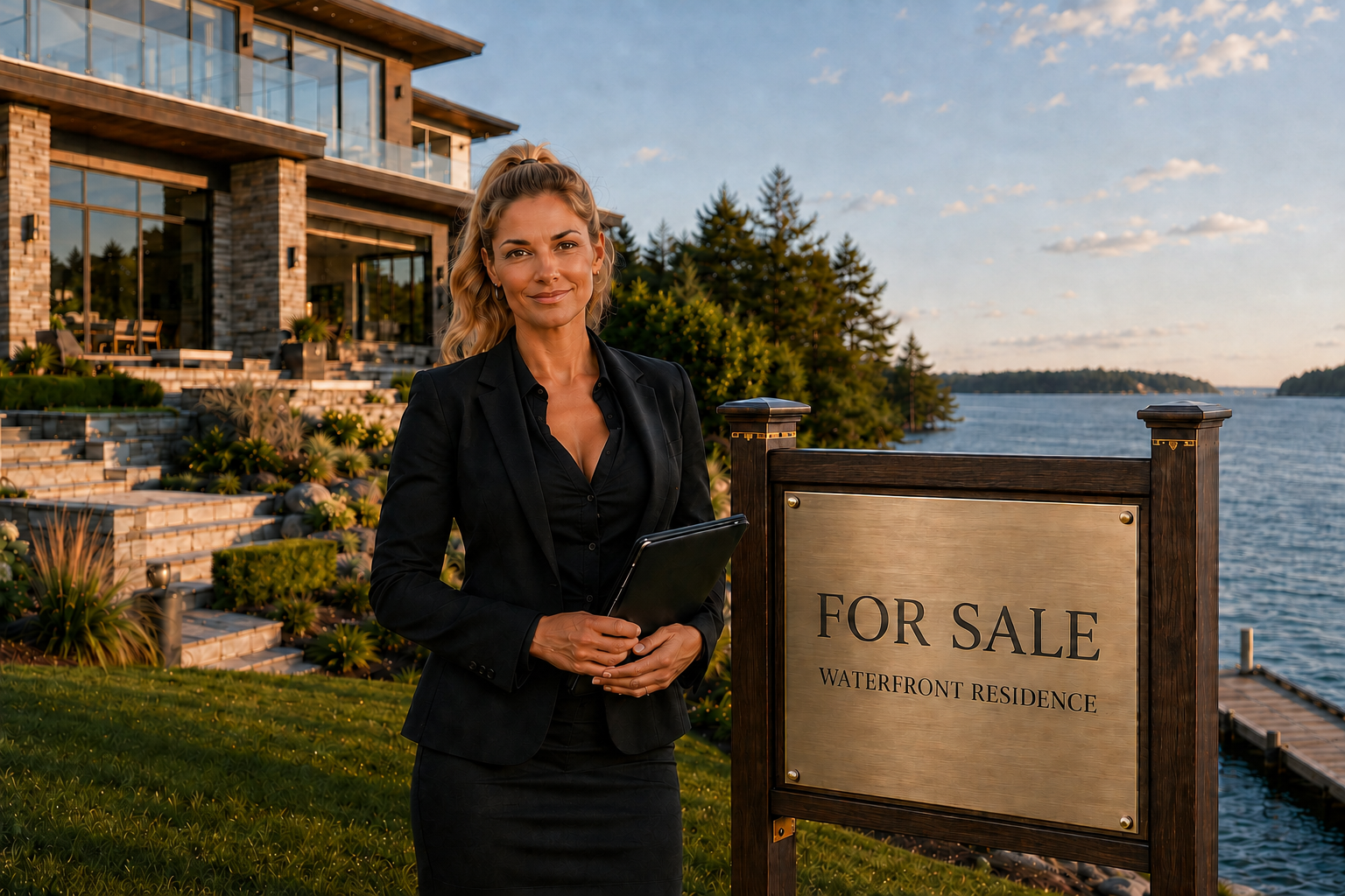 A real estate agent beside a For Sale sign outside a luxury waterfront home